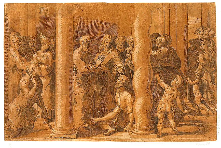 This is Parmagianino's etching of the 'Beautul Gate Healing of the Lame Man,' c. 1525. The 'Beautiful Gate Healing of the Lame Man' by Parmagianino, c. 1525