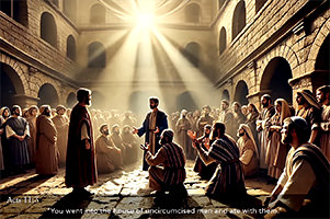 Click to enlarge this Scripture picture of Acts 11:3 of believers criticizing Peter for associating with Gentiles. Acts 11:3 picture of believers criticizing Peter for associating with Gentiles