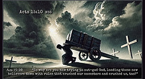 Click to enlarge this Scripture picture of the heavy yoke the Israelites tried to put onto the Gentiles: Acts 15:10. Acts 15:10 picture of the heavy yoke the Israelites tried to put onto the Gentiles
