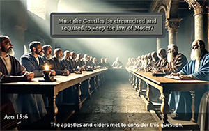 Click to enlarge this Scripture picture of the apostles and elders considering circumcision: Acts 15:6. Acts 15:6 picture of the apostles and elders considering circumcision