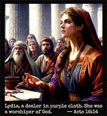 Click to enlarge this picture of Lydia in action — Acts 16:14. Picture of Lydia — Acts 16:14 — in action