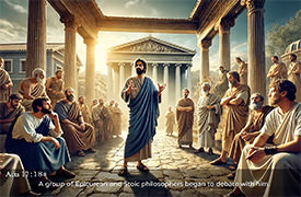 Click to enlarge this Scripture picture of Paul debating philosophers: Acts 17:18a. Picture of Paul debating philosophers: Acts 17:18a