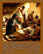 Click to enlarge this picture of Paul's garments used to heal the sick, Acts 19:12. Picture of Paul preaching in the lecture hall, Acts 19:12–16
