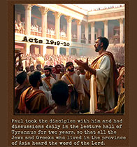 Click to enlarge this picture of Paul preaching at a lecture hall, Acts 19:9–10. Picture of Paul preaching in the lecture hall, Acts 19:12–16