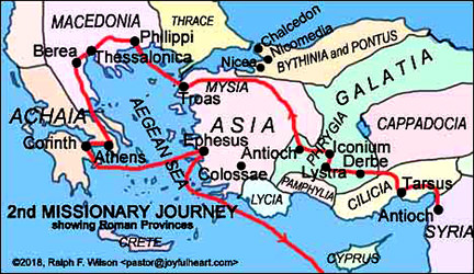 Click for an enlargement of this 'Corinth' map of Paul's 2nd mission, seen on jesuswalk.com. An enlargement of this 'Corinth' map can be seen on jesuswalk.com.