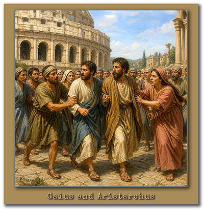 Image of Gaius and Aristarchus being siezed by the crowd; Acts 19:29. Image of Gaius and Aristarchus being siezed by the crowd; Acts 19:29