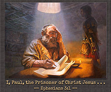 Click to enlarge this artwork of Paul, the prisoner of Crist Jesus, writing his epistles. Paul, the prisoner of Crist Jesus, writes his epistles.