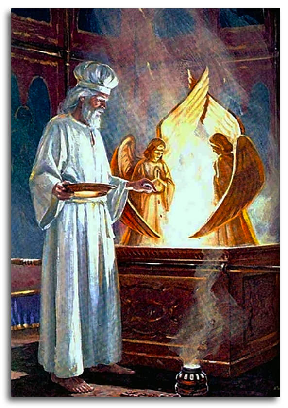 The high priest stands in front of the ark of the covenant.