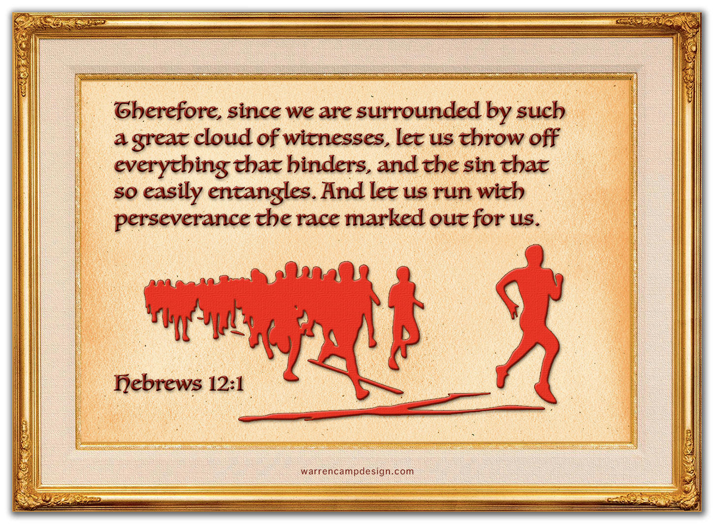 Scripture picture of Hebrews 12:1, emphasizing the importance for us to throw off every hindrance and sin so we can run our race with perseverance.