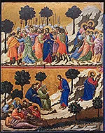 Detail of two sequential central panels on Duccio's Maestà polyptych altarpiece