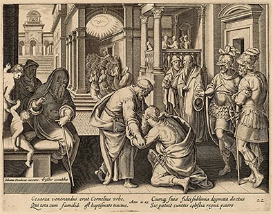 'Cornelius Worshiping Saint Peter' engraving by Philip Galle
