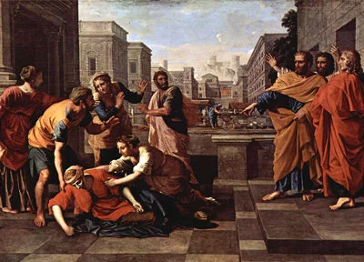 'The Death of Sapphira' painting by Nicolas Poussin