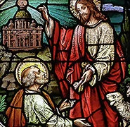 Enlarged detail of this 'Jesus Hands Peter the Keys to Heaven' stained glass window