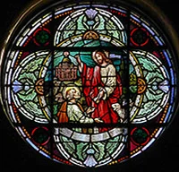 Stained glass highlighting 'Jesus' Delivery of the Keys to Peter'