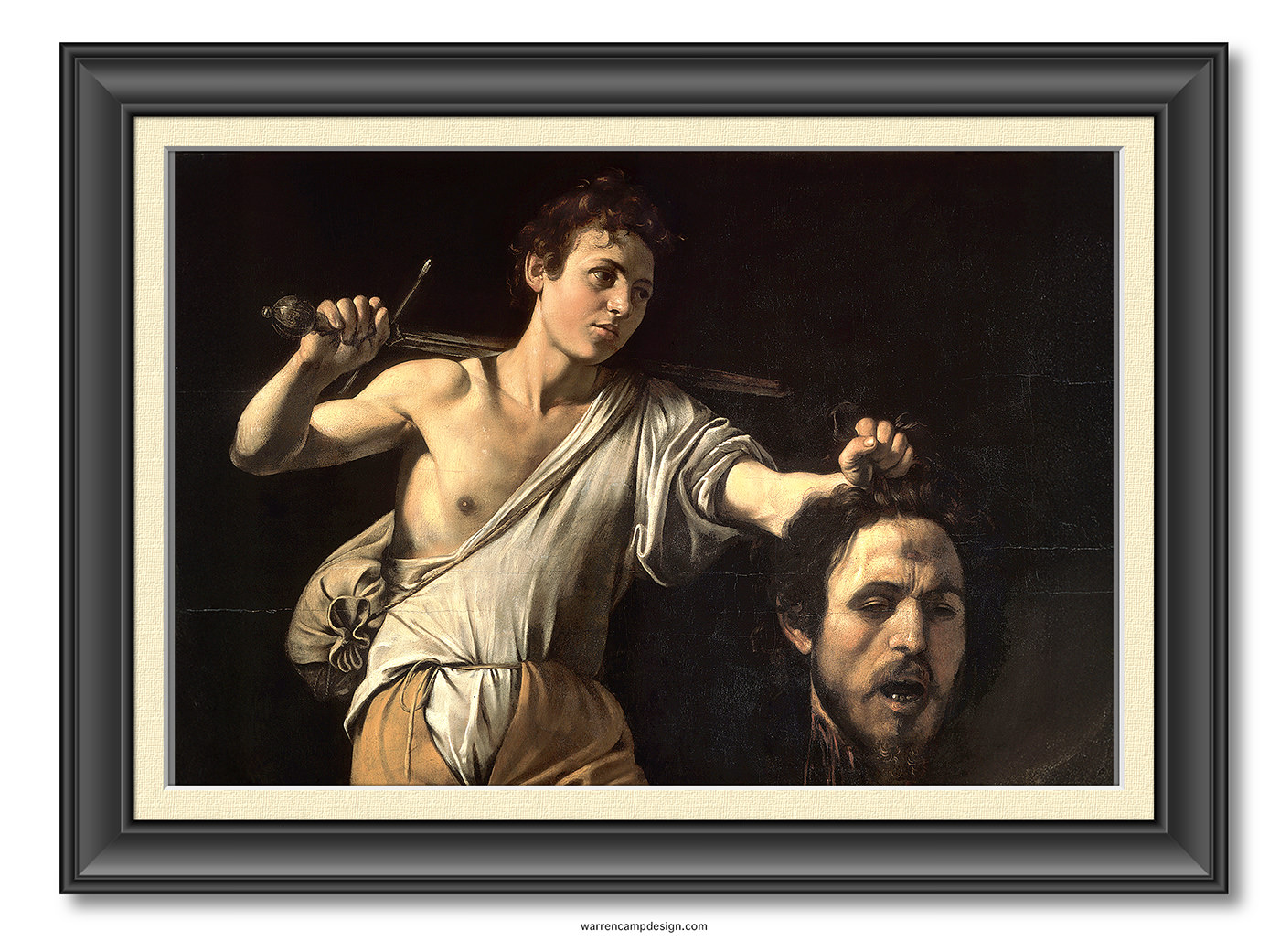 This is a photo of Caravaggio's 'David with the Head of Goliath' oil painting, c. 1601. Photo of Caravaggio's 'David with the Head of Goliath' oil painting, c. 1601