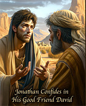 Click to enlarge Warren Camp's Scripture picture of Jonathan confiding in David. Warren Camp's Scripture picture of Jonathan confiding in David