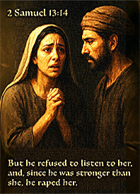 Click to enlarge Warren's custom Scripture picture of Tamar begging Amnon not to rape her. Tamar begging Amnon not to rape her
