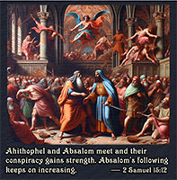 Click to enlarge Warren's custom Scripture picture of Ahithophel and Absalom meeting as their conspiracy gains strength. Ahithophel and Absalom meeting as their conspiracy gains strength
