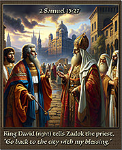 Click to enlarge Warren's custom Scripture picture of King David telling Zadok the priest to go back to the city. King David telling Zadok the priest to go back to the city