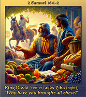 Click to enlarge Warren's custom Scripture picture of King David asking Ziba, 'Why have you brought these?' King David asking Ziba, 'Why have you brought these?'