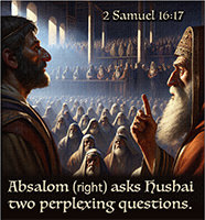 Click to enlarge Warren's custom Scripture picture of Absalom asking Hushai three perplexing questions. Absalom asking Hushai three perplexing questions