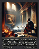 Click to enlarge Warren's custom Scripture picture of Hushai wondering, 'Whom shall I serve?' Hushai wondering, 'Whom shall I serve?'